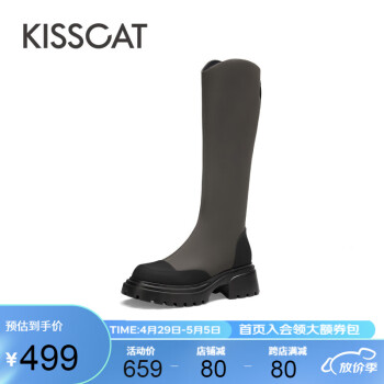 KISSCAT接吻猫女靴2023冬季新款瘦瘦靴拼接弹力靴粗跟高筒靴女KA43798-50 灰色 34