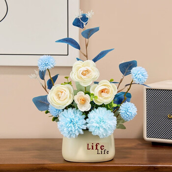 思泽诺 餐桌花艺摆设 仿真花装饰套装客厅办公室桌面假花插花摆件花束 优雅蓝色套装 陶瓷花瓶