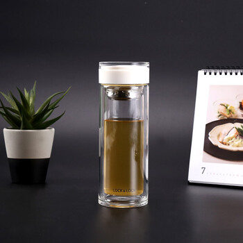 乐扣乐扣(locknlock)双层耐热玻璃杯简纯304茶网水杯子abs杯盖茶杯300