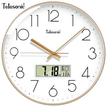 天王星（Telesonic）掛鍾客廳萬年曆鍾表3D立體創意雙日曆溫度時鍾簡約石英鍾薄邊掛表 奢時金35CM日曆款