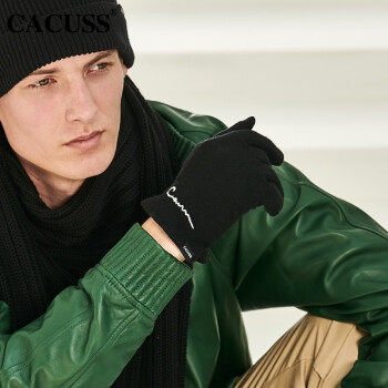 CACUSS男士羊毛手套冬季加绒保暖毛线手套简约大方可触屏分指手套S0087 黑色