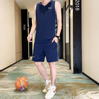 乔丹格兰夏季运动套装男篮球服跑步训练背心短裤健身运动服装休闲宽松 藏蓝 M80-100斤