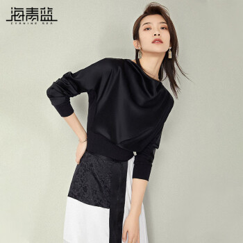 海青蓝（CYANINE SEA）潮流范韩版时尚短款上衣春秋女装新款洋气长袖简约套头衬衫 黑色 S