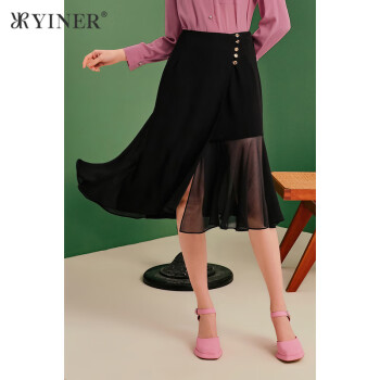 音儿（YINER）【1996系列】音儿女装夏季法式质感压褶高腰半身裙黑色中长裙 黑色 36