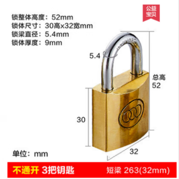 锁铜挂锁头全铜芯挂锁柜门锁仓库锁头雨锈锁长梁。 三环 铜挂锁 32mm 中