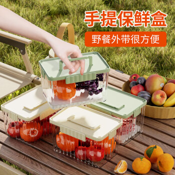 百露手提保鲜盒户外露营野餐春游出便携密封盒冰箱食品收纳水果便当盒 【大号奶白】+冰晶盒*1+水果叉*2