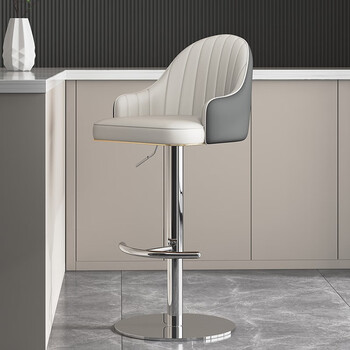 科润 轻奢吧台椅 家用现代简约升降旋转吧椅 北欧酒吧桌椅 收银台靠背吧台凳子 前台高脚椅不锈钢高脚凳 三级气杆-牛皮浅灰深灰-不锈钢底盘