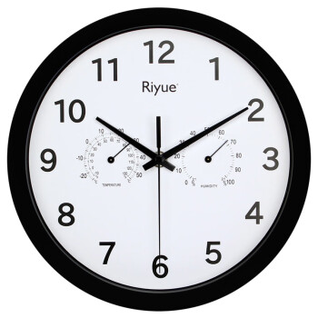 纯灿客厅挂壁钟Riyue钟表挂钟客厅时钟温湿度电子钟圆形创意中式 塑黑框白面 710#时分251#秒 黑针 10英寸直径25.5厘米