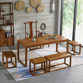 贡艺名居红木家具非洲鸡翅木（学名：非洲崖豆木）新中式茶桌椅组合实木泡茶桌茶台茶艺桌实木茶几 1.28桌+1官帽椅+1长凳+2短凳