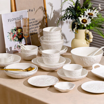 yomerto悠米兔浮雕简约碗碟套装家用陶瓷餐具碗筷组合-北欧物语6人食