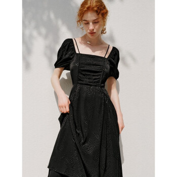 太平鳥春季新款設計感印花連衣裙女兩穿式收腰顯瘦小黑裙 黑色 S