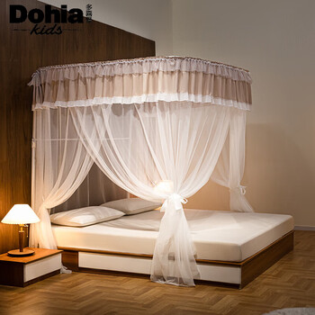 多喜爱 DOHIA.COM导轨蚊帐 U型导轨钓鱼竿蚊帐三开门宫廷蚊帐不锈钢支架蚊帐 卡其 150x200cm