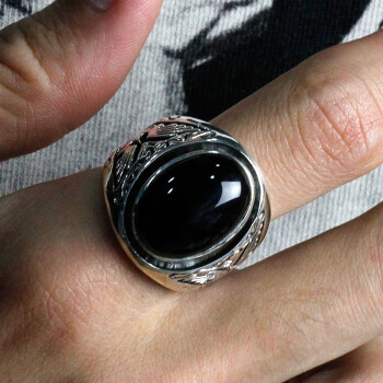 帛灵ruibeila银戒指男士个性潮人黑玛瑙宝石指环复古霸气食指戒子刻字 戒指圈号15号