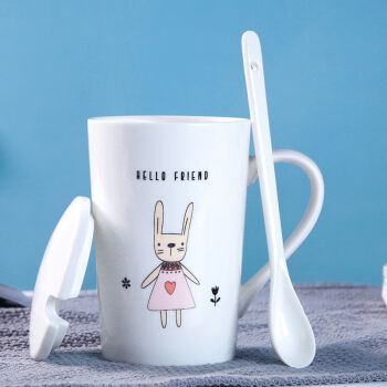 马克杯韩匠可爱动物陶瓷杯子简约情侣杯带盖勺咖啡杯400毫升 兔子-配盖陶瓷勺