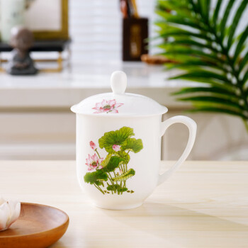 瑞玖（RUIJIU） 实用茶杯带盖水杯骨质瓷陶瓷杯会议杯男女办公杯子 荷花 1个 350ml