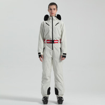 Gsou SNOW連體滑雪服套裝男冬季專業純色防水單雙板雪服雪褲女戶外滑雪裝備 米白 L