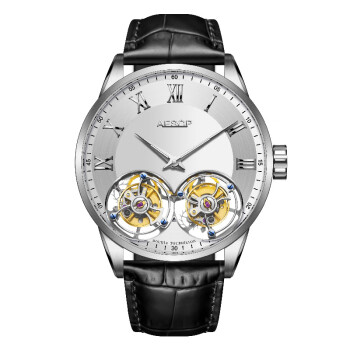 伊索名表瑞士品牌世界名表真陀飞轮双陀飞轮手动机械手表腕表手表十大 银白面银壳罗马刻度-送礼盒包装