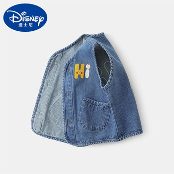 迪士尼（Disney）儿童马甲春秋2024新款男童女童洋气牛仔马夹外穿婴儿坎肩无袖外套 蓝色牛仔马甲Hi包边圆兜 80