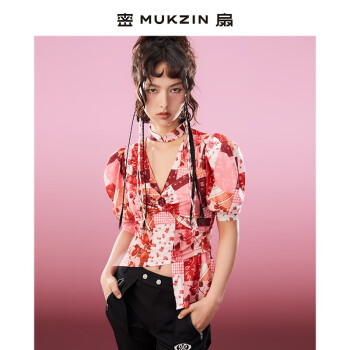 密扇（MUKZIN）2023年新款 原创设计花色衬衫上衣女夏泡泡袖垂坠感个性衬衣 花色 S