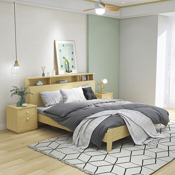 掌上明珠家居 现代简约双人床 卧室木纹色板式床 床头可置物 1.