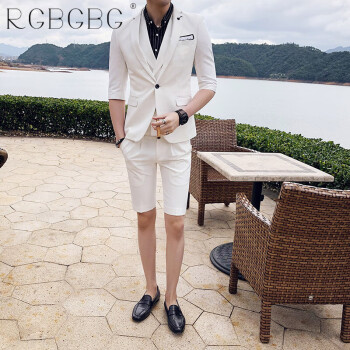 RGBGBG短袖休闲西装男士套装夏季薄款帅气搭配英伦风七分袖小西服一整套 白色 短裤款 西服M+裤子29