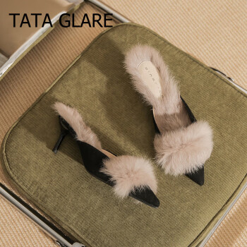 TATA  GLARE高跟毛毛拖鞋女外穿2023春季新款包头细跟兔毛半拖 黑色【6cm】 34