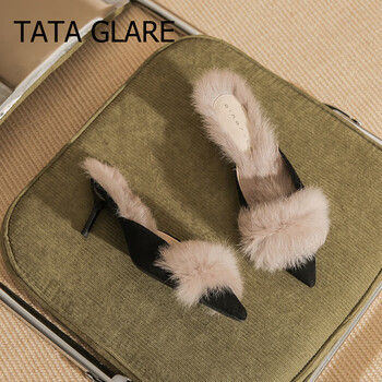 TATA GLARE高跟毛毛拖鞋女外穿2023春季新款包头细跟兔毛半拖 黑色【6cm】 34