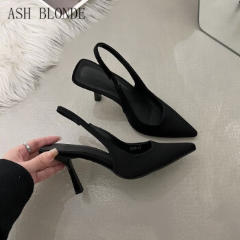 ASH BLONDE包頭細跟女涼鞋子3-5-7厘米黑色春季女鞋純欲大碼高跟鞋法式單鞋 黑色 35