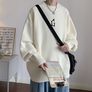 华天牧美式复古毛衣男款2023秋冬款宽松软糯慵懒风感休闲圆领针织衫 白色 M 建议90-110斤可穿