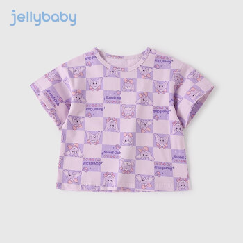 JELLYBABY【时尚棋盘格】2024年夏季新款儿童女童圆领短袖T恤 紫色 120