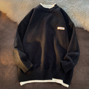 华天牧假两件圆领毛衣男秋冬季潮牌ins港风针织衫宽松慵懒帅气线衣外套男士2021新款潮流百搭毛线上衣 黑色 S