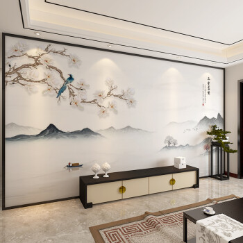 仟梵（qianfan）新中式电视背景墙壁纸现代简约玉兰花鸟墙纸水墨山水影视墙墙布 环保纤维布