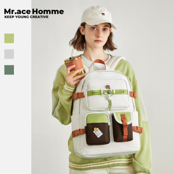 Mr.ace Homme汪星人 多功能双肩包女高中生轻便书包大容量通勤电脑背包男 复古绿