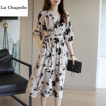 拉夏贝尔（La Chapelle）连衣裙女2023夏季韩版V领印花感收腰气质显瘦裙子中长款新款 大花(有口袋) XL建议135-150斤