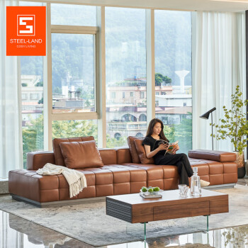 斯帝罗兰劳伦斯意式极简全真皮沙发别墅客厅直排三四人焦糖色沙发 2.8m浅灰色全皮