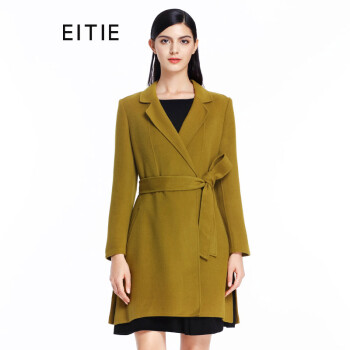 爱特爱（EITIE）秋冬商场同款新品复古西装领系带女羊毛呢大衣5214914 豆绿45 42/XL/170-92A