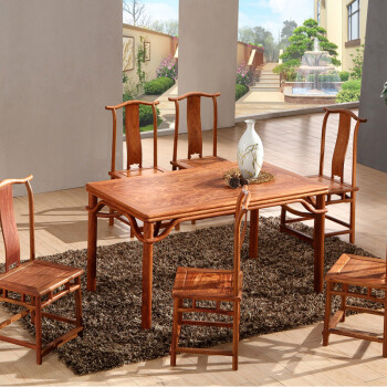 八方客红木家具非洲花梨（学名：刺猬紫檀）现代新中式长方形餐桌椅全实木餐台饭桌 1.28米+6把椅