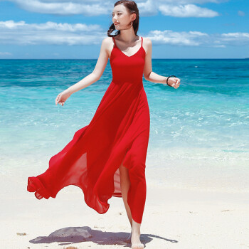 西子美丽心情红色连衣裙2020春新品女装吊带长裙雪纺露背不规则裙子夏海边度假沙滩裙 红色YZ17A061 XL