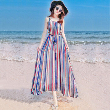西子美丽心情西子美丽心情新款夏季条纹雪纺连衣裙长裙宽松海边度假沙滩裙 图片色 YX18A203 S