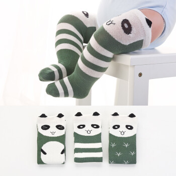 JEENH 婴儿袜子儿童春秋纯棉宝宝过膝长筒袜0-1-3岁新生儿袜子 3双装绿色熊猫 0-1岁