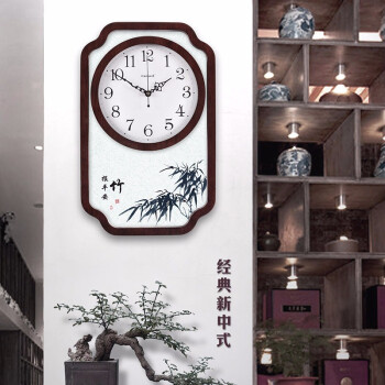 Caravel中式木质家用时钟液晶万年历客厅电波钟表时钟挂表装饰石英钟挂钟 竹报平安9278（小号）