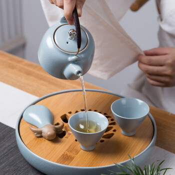 洛威 便携旅行茶具套装家用陶瓷汝窑茶杯茶壶茶盘宁沁蓝韵(旅行包装)