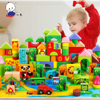 一点森林主题印章积木儿童玩具木制立体拼图130粒大颗粒木质积木桶装1岁2岁3岁宝宝小孩儿童节礼物