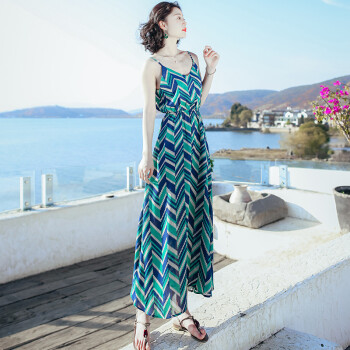 西子美丽心情夏季女装中长款吊带裙无袖雪纺连衣裙波西米亚海边度假沙滩裙 图片色XZ16C411 S