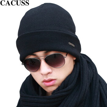 CACUSS羊毛线帽子男士春冬季双层加厚保暖护耳帽翻边针织帽子黑色