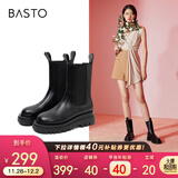 百思图20冬新款中筒厚底加绒切尔西靴女皮烟筒靴ID512DZ0黑色ID522DZ036